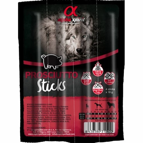 Alpha Spirit Prosciutto Ristra Sticks 4 stk - kornfri hundesnacks med svinekød